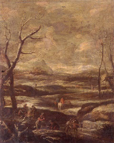 unknow artist A winter landscape with woodcutters and travellers China oil painting art